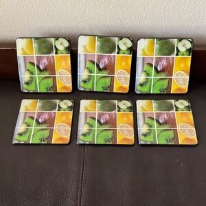 NWT Coaster Set of 6 Features a Fruit Mosaic Design w/Black Coaster Holder